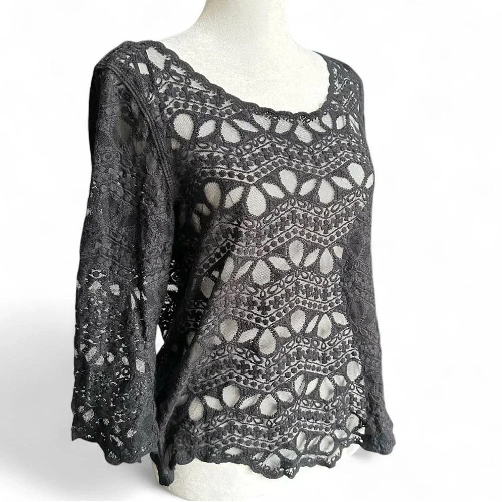 H&M Black Lace Mesh Top Size 8 Boho Goth Sheer‎ 3/4 Sleeve